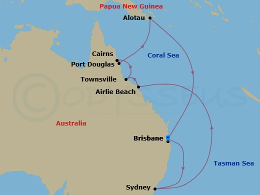 14 Night - Papua New Guinea - Grand Princess - Starting in Brisbane, Australia, Sydney AU, Airlie Beach, Australia, Townsville, Australia, Port Douglas, Australia, Cairns, Australia, Alotau (Milne Bay), Papua New Guinea, Brisbane, Australia itinerary map