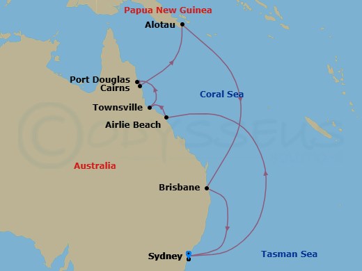 14 Night - Queensland & Papua New Guinea - Grand Princess - Starting in Sydney AU, Airlie Beach, Australia, Townsville, Australia, Port Douglas, Australia, Cairns, Australia, Alotau (Milne Bay), Papua New Guinea, Brisbane, Australia, Sydney AU itinerary map