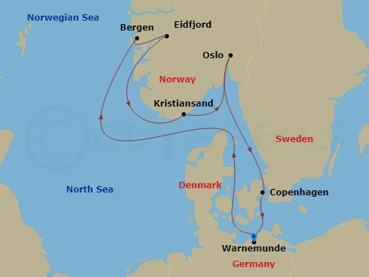 7 Night - Northern Europe - MSC Magnifica - Starting in Warnemunde (Berlin), Germany, Bergen, Norway, Eidfjord, Norway, Kristiansand, Norway, Oslo, Norway, Copenhagen, Denmark, Warnemunde (Berlin), Germany itinerary map