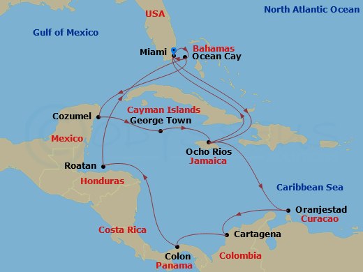 18 Night - Caribbean and Antilles - MSC Divina - Starting in Miami, Florida, Ocean Cay Msc Marine Reserve, Bahamas, Cozumel, Mexico, George Town, Cayman Islands, Ocho Rios, Jamaica, Miami, Florida, Ocho Rios, Jamaica, Oranjestad, Aruba, Cartagena CO, Colon, Panama, Isla De Roatan, Honduras, Ocean Cay Msc Marine Reserve, Bahamas, Miami, Florida itinerary map