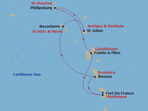 7 Night - South Caribbean - MSC Meraviglia - Starting in Fort-de-France, Martinique, Pointe-A-Pitre, Guadeloupe, Philipsburg, St Maarten, St Johns AG, Antigua, Basseterre, Sao Cristovao, Nevis, Roseau, Dominica, Fort-de-France, Martinique itinerary map
