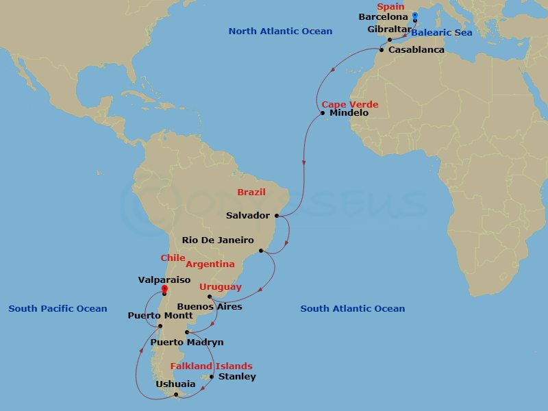 34 Night - Msc World Cruise - MSC Magnifica - Starting in Barcelona, Spain, Gibraltar, Casablanca (Marrakesh), Morocco, Mindelo, Cape Verde, Salvador, Brazil, Rio De Janeiro, Brazil, Buenos Aires, Argentina, Puerto Madryn, Argentina, Port Stanley, Falkland Islands, Ushuaia, Argentina, Puerto Montt, Chile, Valparaiso, Chile itinerary map