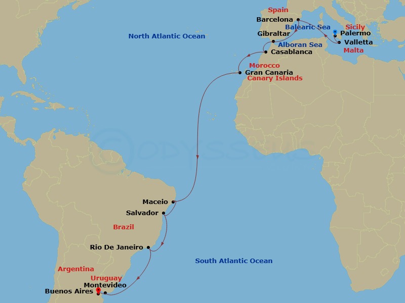21 Night - Msc Grand Voyages - MSC Splendida - Starting in Palermo (Monreale), Italy, La Valletta, Malta, Barcelona, Spain, Gibraltar, Casablanca (Marrakesh), Morocco, Las Palmas de Gran Canaria (Canary Islands), Spain, Maceio, Brazil, Salvador, Brazil, Rio De Janeiro, Brazil, Montevideo, Uruguay, Buenos Aires, Argentina itinerary map