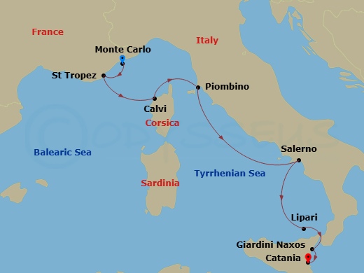 10 Night - Dreaming of La Dolce Vita - Sea Cloud Spirit - Starting in Monte Carlo, St Tropez, Calvi / Corsica, Piombino, Salerno, Lipari / Aeolian Islands, Giardini Naxos (Taormina) / Sicily, Catania / Sicily itinerary map
