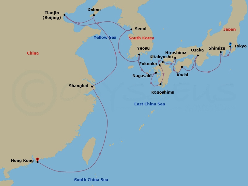 24 Night - Japan, Korea & China Combination Cruise : Tokyo, Seoul & Shanghai - Azamara Pursuit - Starting in Tokyo, Mount Fuji (Shimizu), Osaka, Kochi, Hiroshima, Kitakyushu, Fukuoka, Kagoshima, Nagasaki, Yeosu, Seoul (Incheon), Beijing (Tianjin), Dalian, Shanghai, Hong Kong itinerary map