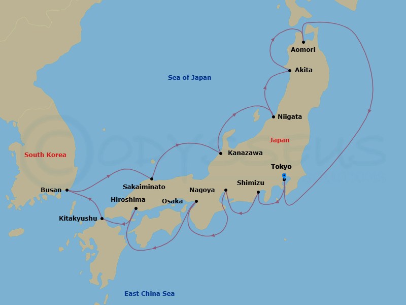 14 Night - Japan Intensive Cruise : Tokyo, Osaka & Akita - Azamara Pursuit - Starting in Tokyo, Mount Fuji (Shimizu), Nagoya, Osaka, Hiroshima, Kitakyushu, Busan, Sakaiminato, Kanazawa, Niigata, Akita, Aomori, Tokyo itinerary map