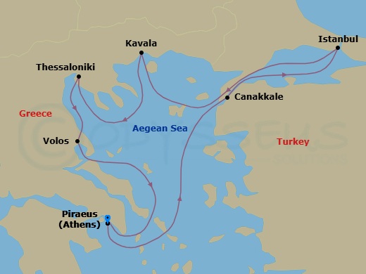 8 Night - Greece & Turkey Cruise : Istanbul, Thessaloniki & Volos - Azamara Journey - Starting in Athens (Piraeus), Canakkale (Kepez), Istanbul, Kavala, Thessaloniki, Volos, Athens (Piraeus) itinerary map