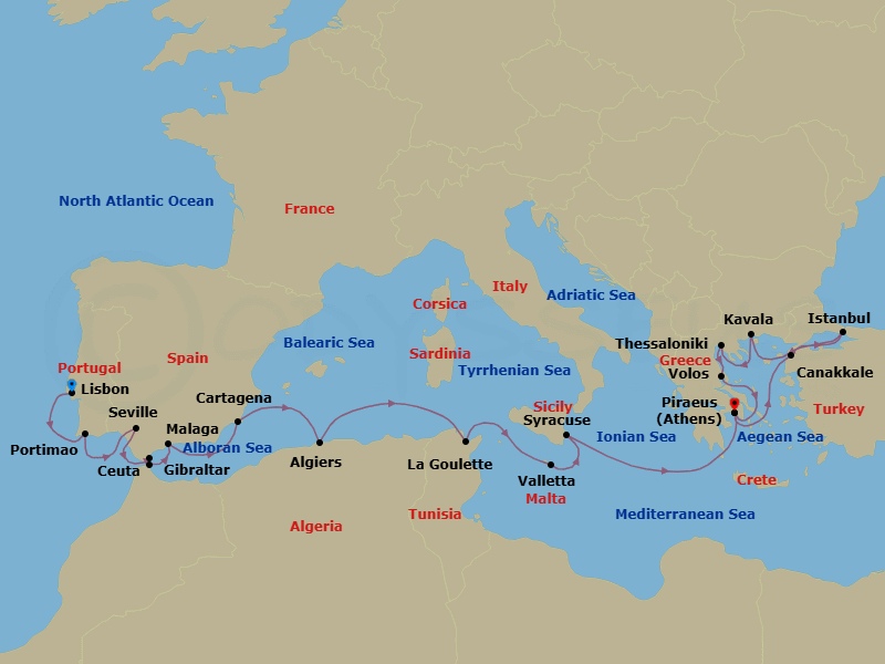 24 Night - Spain, Greece & Turkey Combination Cruise : Seville, Athens & Istanbul - Azamara Journey - Starting in Lisbon, Portimao, Seville, Gibraltar, Ceuta, Malaga, Cartagena ES, Algiers, La Goulette, Valletta, Siracusa, Sicily, Athens (Piraeus), Canakkale (Kepez), Istanbul, Kavala, Thessaloniki, Volos, Athens (Piraeus) itinerary map