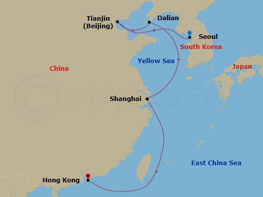 12 Night - China Intensive Cruise : Beijing, Shanghai & Hong Kong - Azamara Pursuit - Starting in Seoul (Incheon), Beijing (Tianjin), Dalian, Shanghai, Hong Kong itinerary map