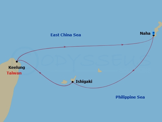 3 Night - Asia and Asia Pacific Roundtrip from Naha - Costa Serena - Starting in Naha, Japan, Ishigaki, Japan, Keelung / Taipei, Naha, Japan itinerary map