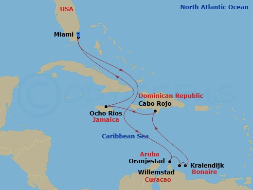 10 Night - Caribbean and Antilles - MSC Poesia - Starting in Miami, Florida, Oranjestad, Aruba, Willemstad AN, Curacao, Kralendijk, Bonaire, Cabo Rojo, Dominican Republic, Ocho Rios, Jamaica, Miami, Florida itinerary map