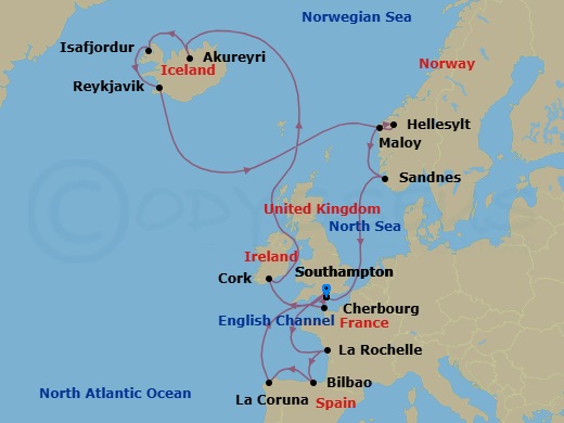 21 Night - Northern Europe - MSC Virtuosa - Starting in Southampton (London), United Kingdom, Cork, Ireland, Akureyri, Iceland, Isafjordur, Iceland, Reykjavik, Iceland, Maloy, Norway, Hellesylt, Norway, Sandnes, Norway, Southampton (London), United Kingdom, La Rochelle, France, Bilbao, Spain, La Coruna (Santiago De Compostela), Spain, Cherbourg (Mont Saint-Michel), France, Southampton (London), United Kingdom itinerary map