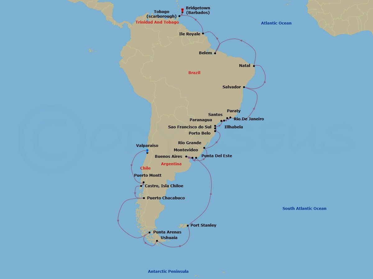 49 Night - Valparaiso to Bridgetown Grand Voyage - Azamara Quest - Starting in Valparaiso, Puerto Montt, Castro, Puerto Chacabuco, Sailing in the Chilean Fjords, Punta Arenas, Ushuaia, Sailing the Antarctic Peninsula, Port Stanley, Falkland Islands, Punta Del Este, Montevideo, Buenos Aires, Montevideo, Rio Grande, Porto Belo, Sao Francisco do Sul, Paranagua, Santos (Sao Paulo), Ilhabela, Brazil, Paraty, Rio De Janeiro, Salvador De Bahia, Natal, Belem, Isle Royale, French Guiana, Scarborough, Tobago, Bridgetown itinerary map