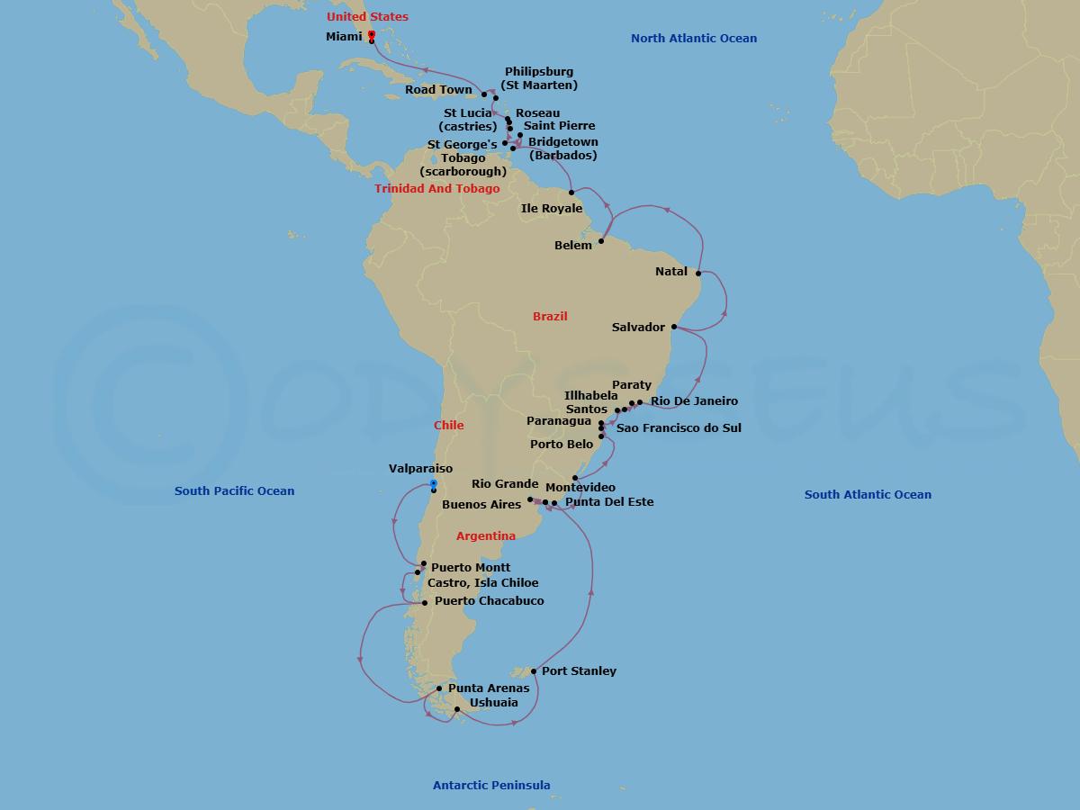 58 Night - Valparaiso to Miami Grand Voyage - Azamara Quest - Starting in Valparaiso, Puerto Montt, Castro, Puerto Chacabuco, Sailing in the Chilean Fjords, Punta Arenas, Ushuaia, Sailing the Antarctic Peninsula, Port Stanley, Falkland Islands, Punta Del Este, Montevideo, Buenos Aires, Montevideo, Rio Grande, Porto Belo, Sao Francisco do Sul, Paranagua, Santos (Sao Paulo), Ilhabela, Brazil, Paraty, Rio De Janeiro, Salvador De Bahia, Natal, Belem, Isle Royale, French Guiana, Scarborough, Tobago, Bridgetown, Saint Georges, Grenada, Castries, Saint-Pierre, Roseau, Philipsburg, Road Town, Tortola, Miami, Florida itinerary map