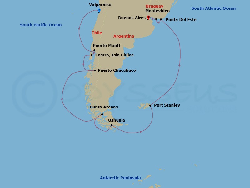 23 Night - Chile, Antarctica & Falkland Islands Cruise : Chilean Fjords, Ushuaia & Montevideo - Azamara Quest - Starting in Valparaiso, Puerto Montt, Castro, Puerto Chacabuco, Sailing in the Chilean Fjords, Punta Arenas, Ushuaia, Sailing the Antarctic Peninsula, Port Stanley, Falkland Islands, Punta Del Este, Montevideo, Buenos Aires itinerary map
