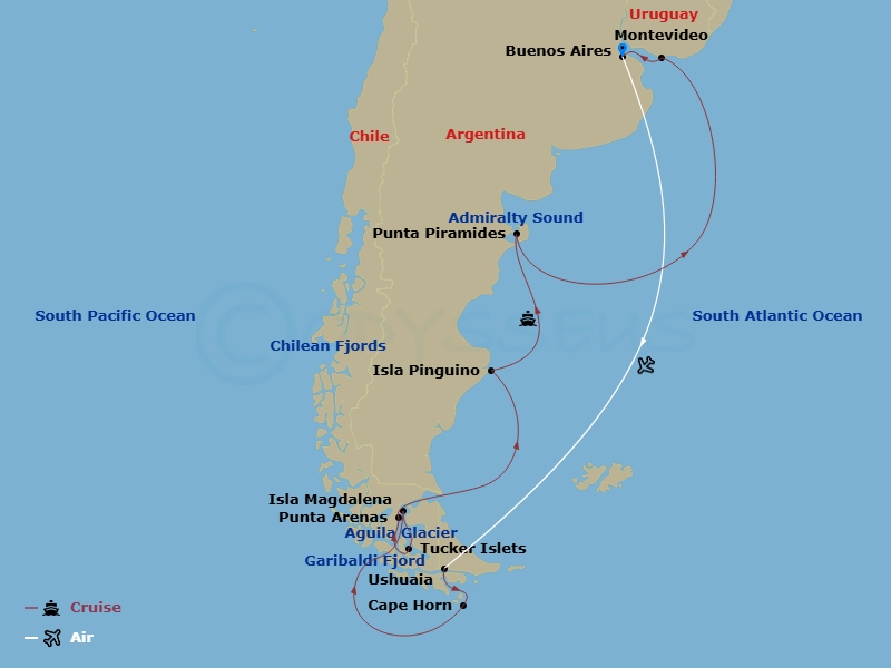 17 Night - Fjords & Glaciers of Southern Chile & Patagonia - Scenic Ikon - Starting in Buenos Aires, Argentina, Buenos Aires, Argentina / Ushuaia, Argentina, Cape Horn, Seno Pia / Seno Garibaldi, Cruising Chilean Fjords, Chilean Fjords / Aguila Glacier / Condor Glacier, Cruising Magdalena Fjord / Tucker Islets, Admiralty Sound, Chile, Punta Arenas, Chile, Isla Pinguino, Argentina, Punta Piramides, Argentina, Montevideo, Uruguay, Buenos Aires, Argentina itinerary map