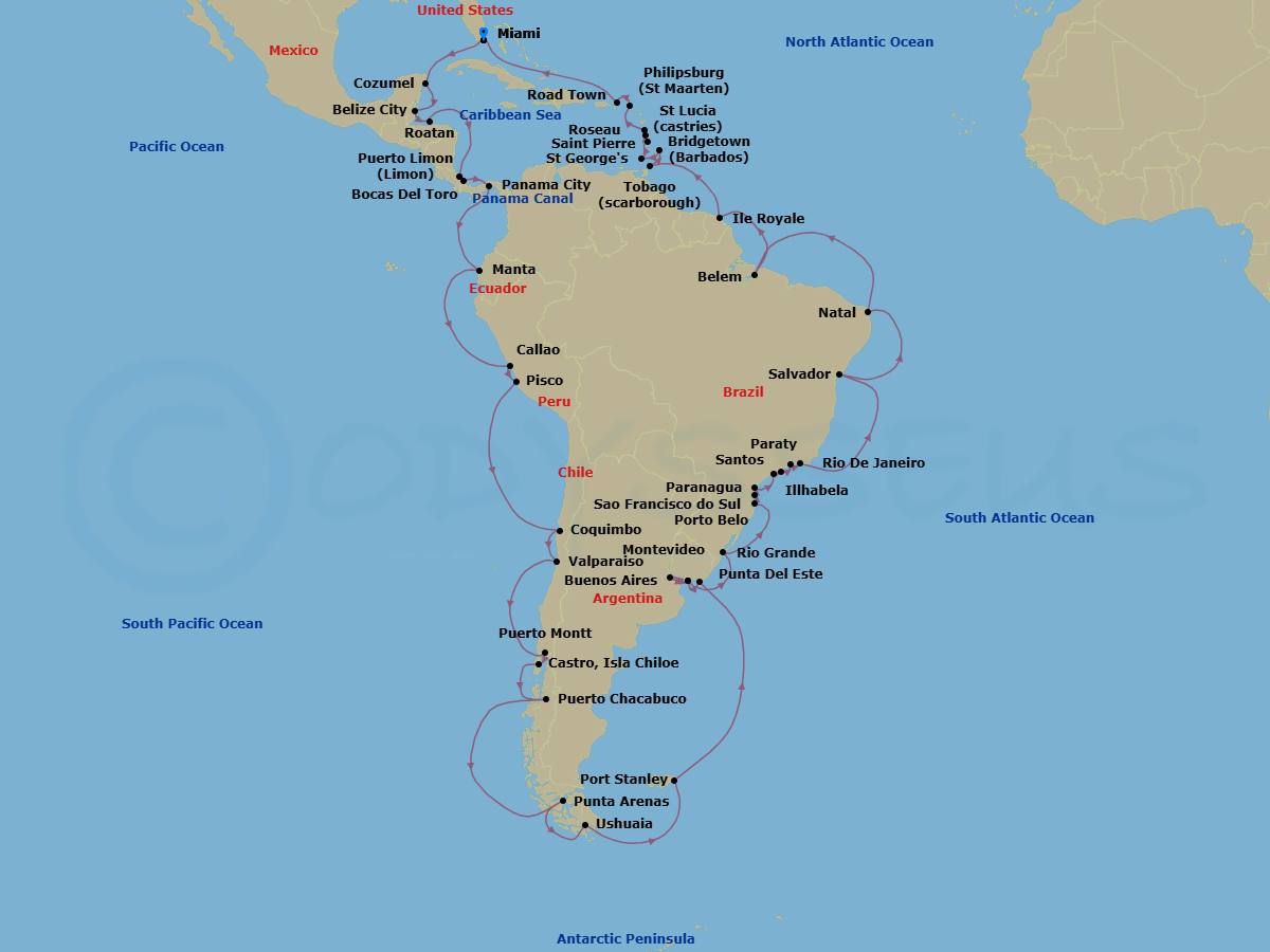 77 Night - Circle South America Grand Voyage - Azamara Quest - Starting in Miami, Florida, Cozumel, Mexico, Belize City, Roatan, Puerto Limon, Bocas del Toro, Panama Canal (Cruising), Panama City (Fuerte Amador), Manta, Callao (Lima), Pisco, Coquimbo, Valparaiso, Puerto Montt, Castro, Puerto Chacabuco, Sailing in the Chilean Fjords, Punta Arenas, Ushuaia, Sailing the Antarctic Peninsula, Port Stanley, Falkland Islands, Punta Del Este, Montevideo, Buenos Aires, Montevideo, Rio Grande, Porto Belo, Sao Francisco do Sul, Paranagua, Santos (Sao Paulo), Ilhabela, Brazil, Paraty, Rio De Janeiro, Salvador De Bahia, Natal, Belem, Isle Royale, French Guiana, Scarborough, Tobago, Bridgetown, Saint Georges, Grenada, Castries, Saint-Pierre, Roseau, Philipsburg, Road Town, Tortola, Miami, Florida itinerary map