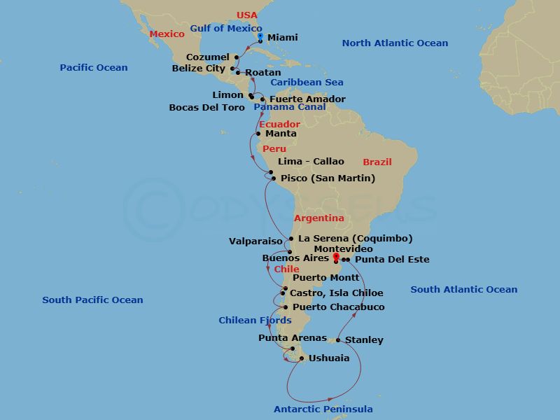 42 Night - Miami to Buenos Aires Grand Voyage - Azamara Quest - Starting in Miami, Florida, Cozumel, Mexico, Belize City, Roatan, Puerto Limon, Bocas del Toro, Panama Canal (Cruising), Panama City (Fuerte Amador), Manta, Callao (Lima), Pisco, Coquimbo, Valparaiso, Puerto Montt, Castro, Puerto Chacabuco, Sailing in the Chilean Fjords, Punta Arenas, Ushuaia, Sailing the Antarctic Peninsula, Port Stanley, Falkland Islands, Punta Del Este, Montevideo, Buenos Aires itinerary map