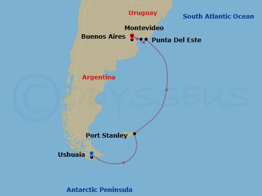 13 Night - Argentina, Antarctica & Uruguay Cruise : Ushuaia, Punta Del Este & Montevideo - Azamara Quest - Starting in Ushuaia, Sailing the Antarctic Peninsula, Port Stanley, Falkland Islands, Punta Del Este, Montevideo, Buenos Aires itinerary map