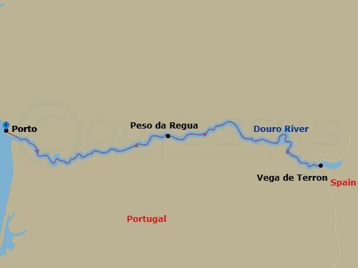 7 Night - The Douro, Porto & Salamanca - MS Douro Splendour - Starting in Porto, Portugal, Douro River, Regua, Portugal, Vega de Terron, Douro River, Regua, Portugal, Porto, Portugal itinerary map