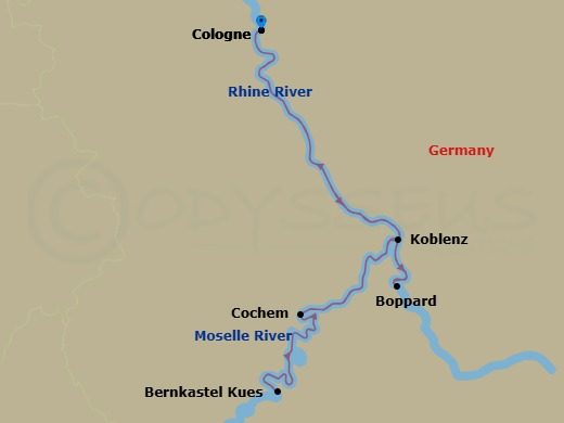 7 Night - Rhine & Moselle - MS Oscar Wilde - Starting in Cologne, Germany, Cochem, Germany, Bernkastel, Germany, Koblenz, Germany, Boppard, Germany, Rhine River, Cologne, Germany itinerary map