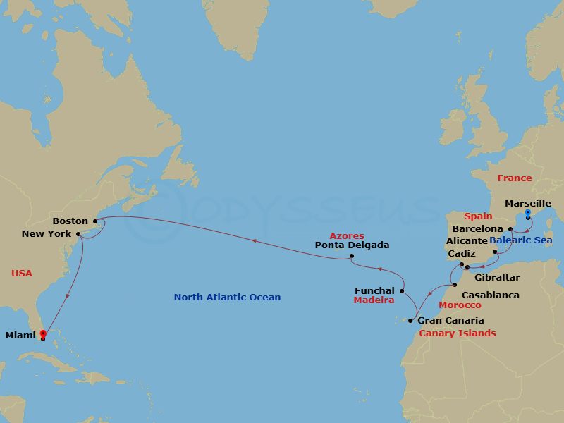 23 Night - Msc Grand Voyages - MSC Meraviglia - Starting in Marseille (Provence), France, Barcelona, Spain, Alicante, Spain, Gibraltar, United Kingdom, Cadiz (Seville), Spain, Casablanca (Marrakesh), Morocco, Las Palmas de Gran Canaria (Canary Islands), Spain, Funchal (Madeira Islands), Portugal, Ponta Delgada (Azores), Portugal, Boston, New York City (Brooklyn), New York, Miami, Florida itinerary map