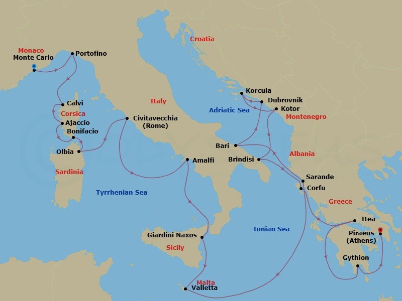 22 Night - Solar Eclipse : France, Italy, Tunisia & Greece - Seabourn Ovation - Starting in Monte Carlo, Monaco, Portofino, Italy, Calvi, Corsica, France, Ajaccio, Corsica, France, Bonifacio (Corsica), France, Olbia, Sardinia, Italy, Civitavecchia (Rome), Italy, Amalfi, Italy, Giardini Naxos (Taormina), Italy, Valletta, Malta, Sarande, Albania, Bari (Puglia), Italy, Dubrovnik, Croatia, Korcula, Croatia, Kotor, Montenegro, Brindisi (Lecce), Italy, Corfu, Greece, Itea (Delphi), Greece, Gythion (Sparta), Greece, Piraeus (Athens), Greece itinerary map