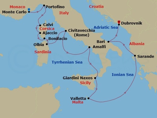 14 Night - Solar Eclipse : France, Italy & Tunisia - Seabourn Ovation - Starting in Monte Carlo, Monaco, Portofino, Italy, Calvi, Corsica, France, Ajaccio, Corsica, France, Bonifacio (Corsica), France, Olbia, Sardinia, Italy, Civitavecchia (Rome), Italy, Amalfi, Italy, Giardini Naxos (Taormina), Italy, Valletta, Malta, Sarande, Albania, Bari (Puglia), Italy, Dubrovnik, Croatia itinerary map