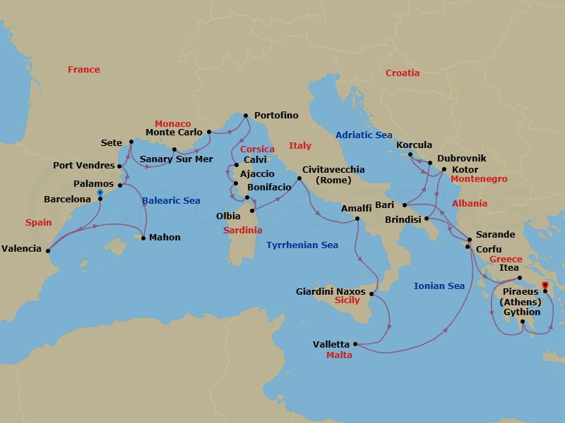 30 Night - Solar Eclipse : Spain, France, Italy & Greece - Seabourn Ovation - Starting in Barcelona, Spain, Valencia, Spain, Mahon, Menorca, Spain, Palamos, Spain, Port-Vendres, France, Sete, France, Sanary-sur-Mer, France, Monte Carlo, Monaco, Portofino, Italy, Calvi, Corsica, France, Ajaccio, Corsica, France, Bonifacio (Corsica), France, Olbia, Sardinia, Italy, Civitavecchia (Rome), Italy, Amalfi, Italy, Giardini Naxos (Taormina), Italy, Valletta, Malta, Sarande, Albania, Bari (Puglia), Italy, Dubrovnik, Croatia, Korcula, Croatia, Kotor, Montenegro, Brindisi (Lecce), Italy, Corfu, Greece, Itea (Delphi), Greece, Gythion (Sparta), Greece, Piraeus (Athens), Greece itinerary map