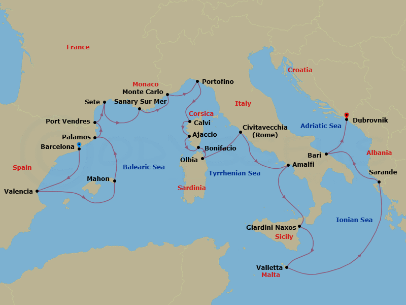22 Night - Solar Eclipse : Spain, France & Italy - Seabourn Ovation - Starting in Barcelona, Spain, Valencia, Spain, Mahon, Menorca, Spain, Palamos, Spain, Port-Vendres, France, Sete, France, Sanary-sur-Mer, France, Monte Carlo, Monaco, Portofino, Italy, Calvi, Corsica, France, Ajaccio, Corsica, France, Bonifacio (Corsica), France, Olbia, Sardinia, Italy, Civitavecchia (Rome), Italy, Amalfi, Italy, Giardini Naxos (Taormina), Italy, Valletta, Malta, Sarande, Albania, Bari (Puglia), Italy, Dubrovnik, Croatia itinerary map