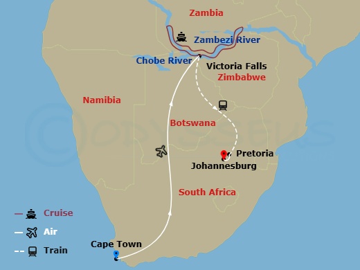 14 Night - Rivers & Rails of Africa with Cape Town, Safari Cruise, Victoria Falls, Rovos Rail - Zambezi Queen Tours - Starting in Cape Town, Victoria Falls, Rovos Rail, Pretoria, Johannesburg itinerary map
