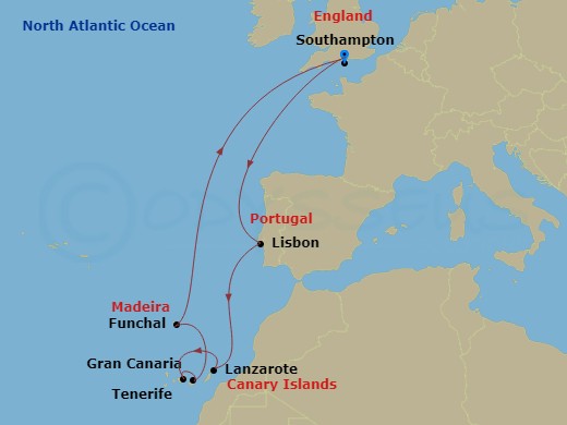 13 Night - Canary Islands Celebration - Queen Victoria - Starting in Southampton, England, UK, Lisbon, Portugal, Lanzarote, Spain, Gran Canaria, Spain, Tenerife, Spain, Funchal, Madeira, Portugal, Southampton, England, UK itinerary map