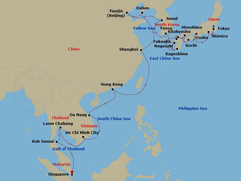 37 Night - Tokyo to Singapore Grand Voyage - Azamara Pursuit - Starting in Tokyo, Mount Fuji (Shimizu), Osaka, Kochi, Hiroshima, Kitakyushu, Fukuoka, Kagoshima, Nagasaki, Yeosu, Seoul (Incheon), Beijing (Tianjin), Dalian, Shanghai, Hong Kong, Ha Long Bay, Hue (Da Nang), Ho Chi Minh City, Bangkok (Laem Chabang), Ko Samui, Singapore itinerary map