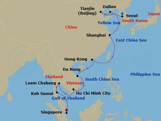 25 Night - China, Vietnam & Thailand Combination Cruise : Shanghai, Ho Chi Minh City & Bangkok - Azamara Pursuit - Starting in Seoul (Incheon), Beijing (Tianjin), Dalian, Shanghai, Hong Kong, Ha Long Bay, Hue (Da Nang), Ho Chi Minh City, Bangkok (Laem Chabang), Ko Samui, Singapore itinerary map