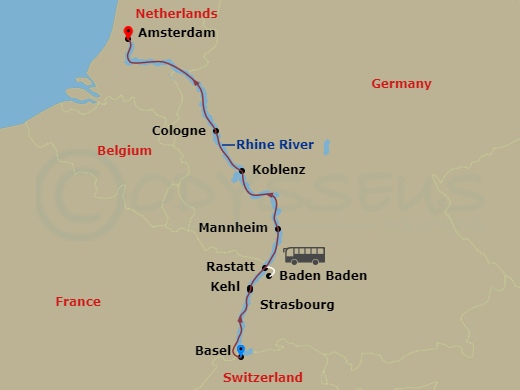 7 Night - Rhine Highlights - Scenic Opal - Starting in Basel (Huningue), Kehl, Rastatt, Mannheim, Koblenz, Cologne, Amsterdam itinerary map