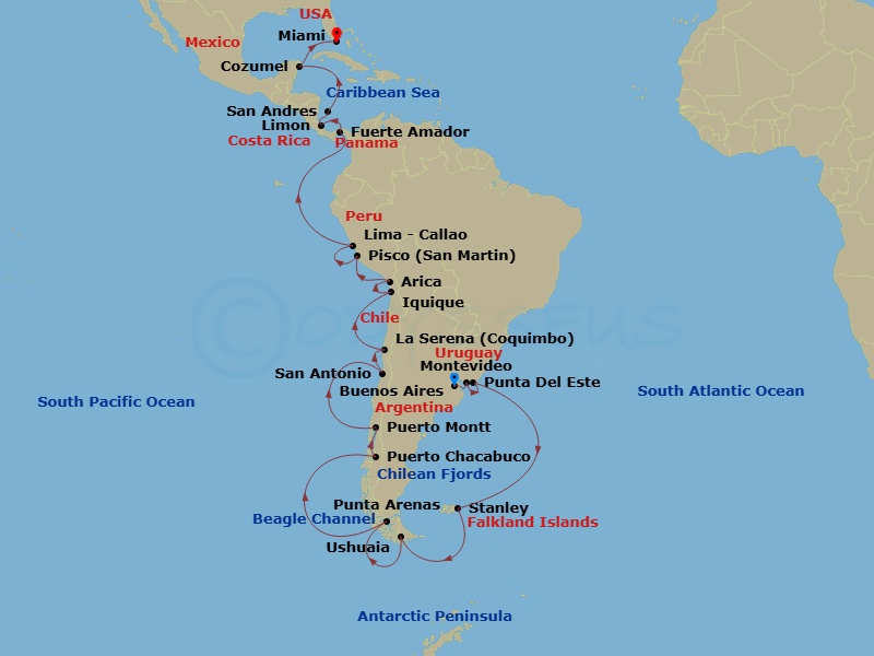 40 Night - Buenos Aires to Miami Grand Voyage - Azamara Journey - Starting in Buenos Aires, Montevideo, Punta Del Este, Port Stanley, Falkland Islands, Sailing the Antarctic Peninsula, Ushuaia, Sailing in the Beagle Channel, Ushuaia, Punta Arenas, Sailing in the Chilean Fjords, Puerto Chacabuco, Puerto Montt, San Antonio Cl, Coquimbo, Iquique, Arica, Pisco, Callao (Lima), Panama City (Fuerte Amador), Panama Canal (Cruising), Puerto Limon, Isla San Andres, Cozumel, Mexico, Miami, Florida itinerary map