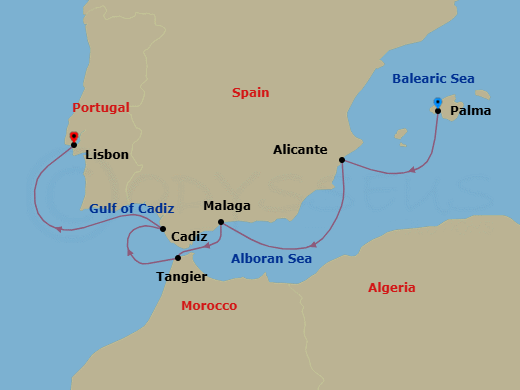 6 Night - Europe & Mediterranean - Crystal Serenity - Starting in Palma De Mallorca, Alicante, Malaga (Costa del Sol), Tangier, Cadiz, Lisbon itinerary map