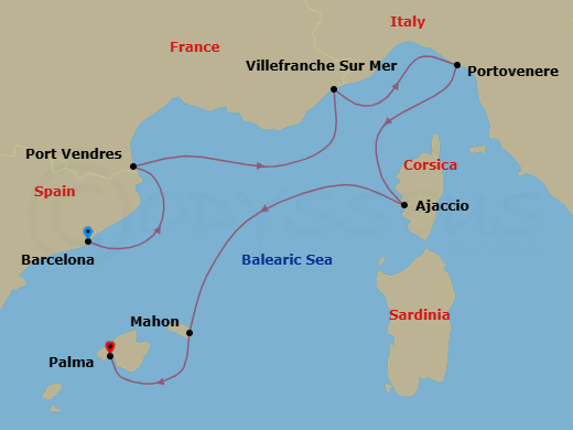 6 Night - Europe & Mediterranean - Crystal Serenity - Starting in Barcelona, Port Vendres, Villefranche, Porto Venere, Ajaccio (Corsica), Porto Mahon, Palma De Mallorca itinerary map