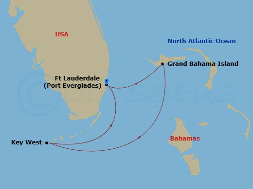 3 Night - Key West & Bahamas Cruise - Brilliance of the Seas - Starting in Fort Lauderdale, Florida, Grand Bahama Island, Bahamas, Key West, Florida, Fort Lauderdale, Florida itinerary map