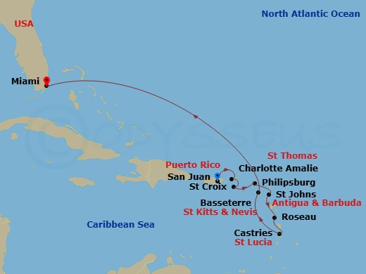 10 Night - Southern Caribbean Cruise - Vision of the Seas - Starting in San Juan, Puerto Rico, Charlotte Amalie, St Thomas, St Croix, US Virgin Islands, Philipsburg, St Maarten, St Johns AG, Antigua, Roseau, Dominica, Castries, St Lucia, Basseterre, St Kitts and Nevis, Miami, Florida itinerary map