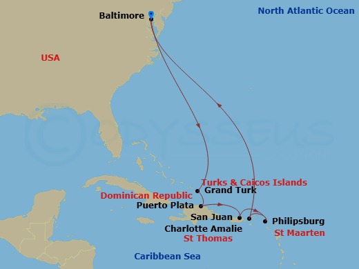 11 Night - Eastern Caribbean Cruise - Vision of the Seas - Starting in Baltimore, Maryland, Grand Turk, Turks and Caicos, Puerto Plata, Dominican Republic, San Juan, Puerto Rico, Philipsburg, St Maarten, Charlotte Amalie, St Thomas, Baltimore, Maryland itinerary map