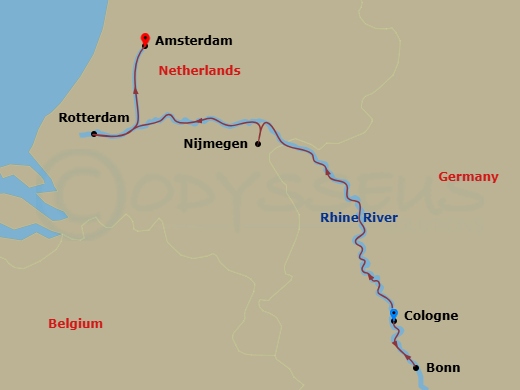 6 Night - Rhine Concert Cruise with Andre Rieu - MS Amadeus Aurea - Starting in Cologne, Bonn, Nijmegen, Rotterdam, Amsterdam itinerary map