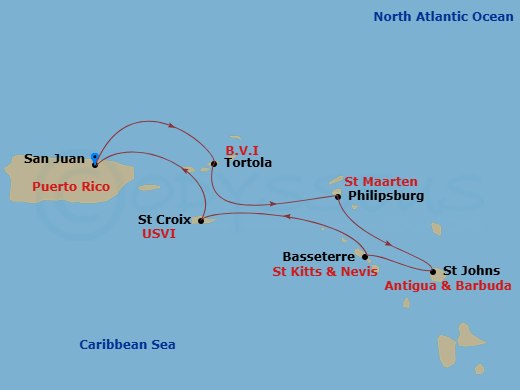 7 Night - Southern Caribbean Cruise - Rhapsody of the Seas - Starting in San Juan, Puerto Rico, Tortola, Philipsburg, St Maarten, St Johns AG, Antigua, Basseterre, St Kitts and Nevis, St Croix, US Virgin Islands, San Juan, Puerto Rico itinerary map
