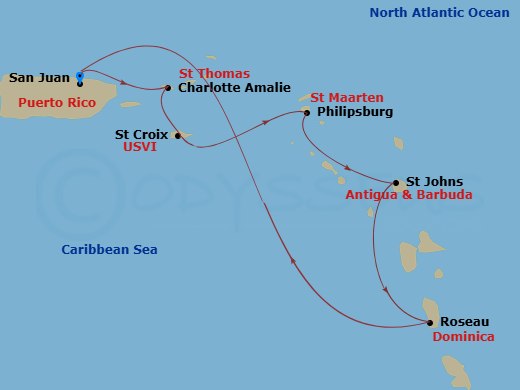 7 Night - Southern Caribbean Cruise - Rhapsody of the Seas - Starting in San Juan, Puerto Rico, Charlotte Amalie, St Thomas, St Croix, US Virgin Islands, Philipsburg, St Maarten, St Johns AG, Antigua, Roseau, Dominica, San Juan, Puerto Rico itinerary map