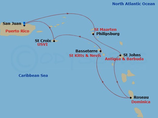7 Night - Southern Caribbean Cruise - Rhapsody of the Seas - Starting in San Juan, Puerto Rico, Philipsburg, St Maarten, St Johns AG, Antigua, Roseau, Dominica, Basseterre, St Kitts and Nevis, St Croix, US Virgin Islands, San Juan, Puerto Rico itinerary map