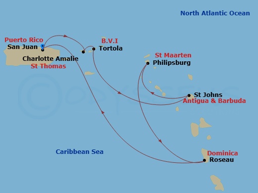 7 Night - Southern Caribbean Cruise - Rhapsody of the Seas - Starting in San Juan, Puerto Rico, Charlotte Amalie, St Thomas, Tortola, St Johns AG, Antigua, Philipsburg, St Maarten, Roseau, Dominica, San Juan, Puerto Rico itinerary map
