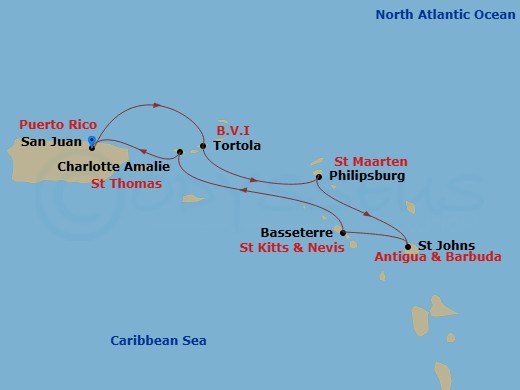 7 Night - Southern Caribbean Holiday - Rhapsody of the Seas - Starting in San Juan, Puerto Rico, Tortola, Philipsburg, St Maarten, St Johns AG, Antigua, Basseterre, St Kitts and Nevis, Charlotte Amalie, St Thomas, San Juan, Puerto Rico itinerary map