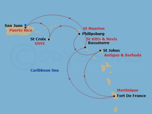 7 Night - Southern Caribbean Cruise - Rhapsody of the Seas - Starting in San Juan, Puerto Rico, St Croix, US Virgin Islands, Philipsburg, St Maarten, St Johns AG, Antigua, Fort-De-France, Martinique, Basseterre, St Kitts and Nevis, San Juan, Puerto Rico itinerary map