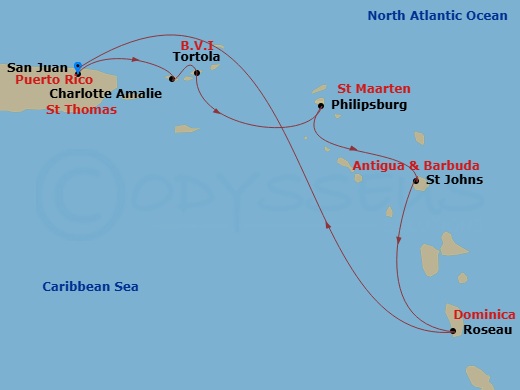 7 Night - Southern Caribbean Cruise - Rhapsody of the Seas - Starting in San Juan, Puerto Rico, Charlotte Amalie, St Thomas, Tortola, Philipsburg, St Maarten, St Johns AG, Antigua, Roseau, Dominica, San Juan, Puerto Rico itinerary map