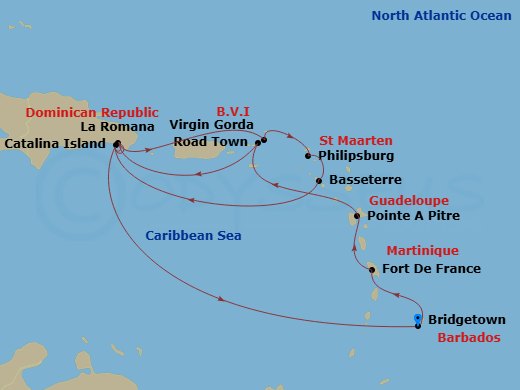 14 Night - South Caribbean - MSC Opera - Starting in Bridgetown, Barbados, Fort-de-France, Martinique, Pointe-A-Pitre, Guadeloupe, Road Town (Tortola), British Virgin Islands, La Romana, Dominican Republic, Samana Bay, Dominican Republic, Virgin Gorda, British Virgin Islands, Philipsburg, St Maarten, Basseterre, St Kitts and Nevis, Catalina Island, Dominican Republic, La Romana, Dominican Republic, Catalina Island, Dominican Republic, Bridgetown, Barbados itinerary map